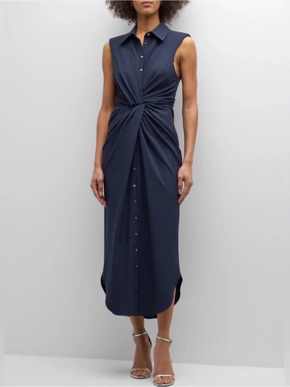 cinq a sept Navy Button-Front Twist-Waist Midi Dress